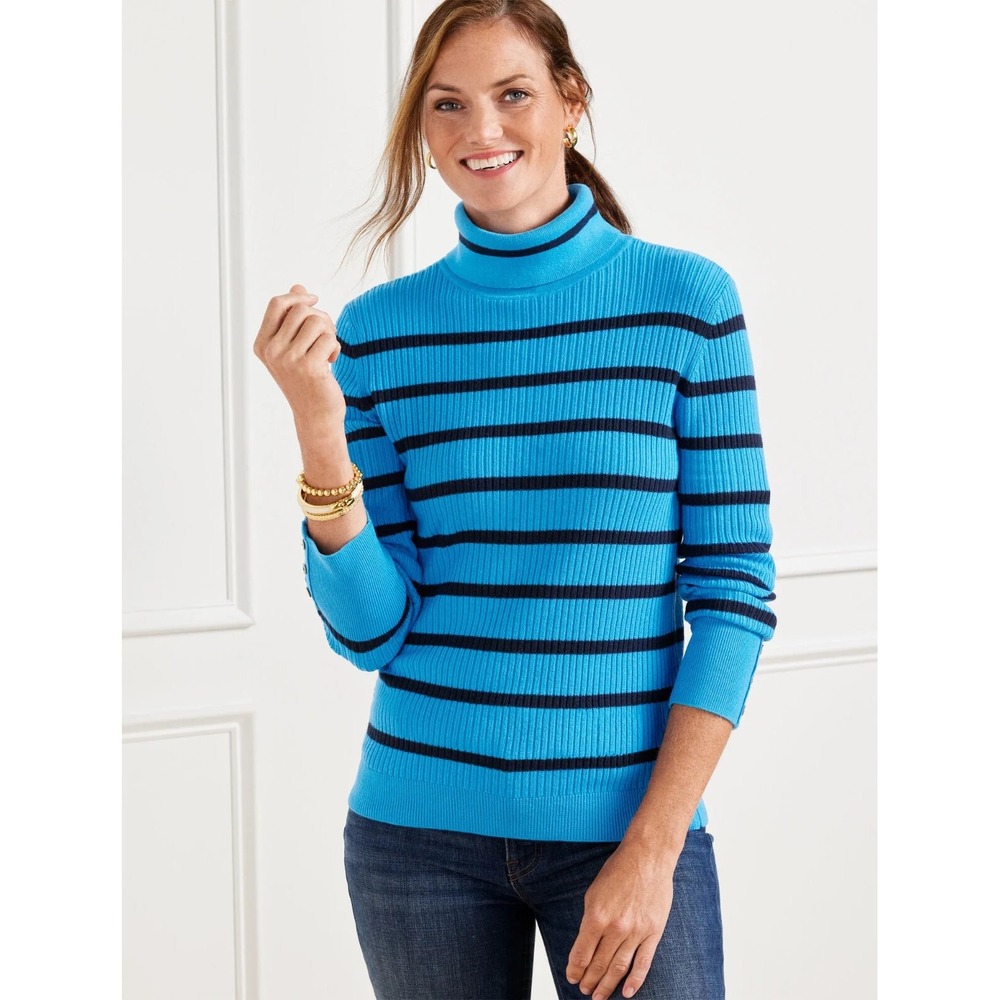 Talbots Blue Striped Ribbed Turtleneck Sweater Size 3X Stretch Preppy Layering